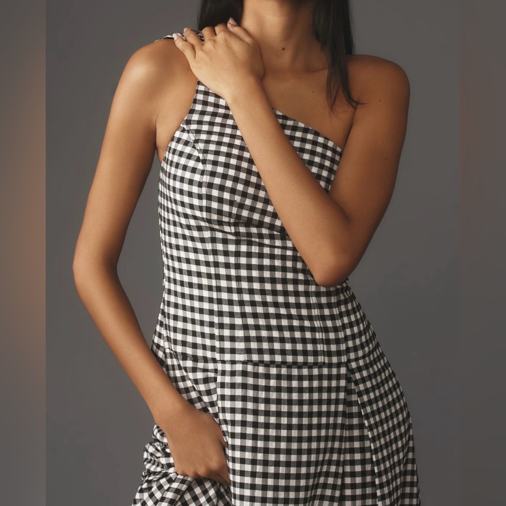 Anthropologie One-Shoulder Black Gingham Midi Dress Size Small - Picture 4 of 5
